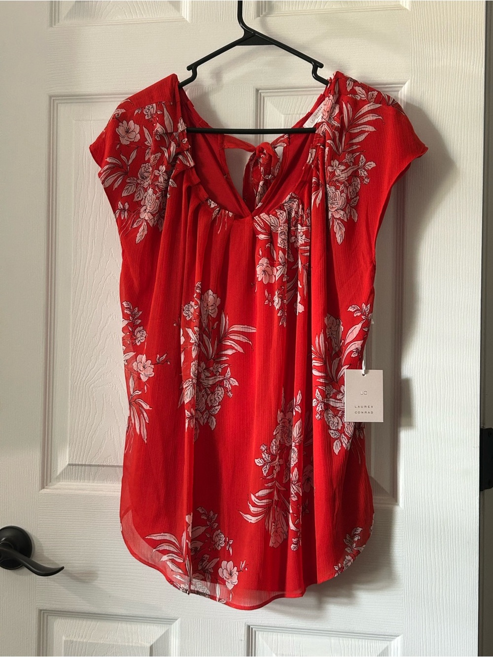 LC Lauren Conrad Orange Red Floral Tie-Back Cap Sleeve Blouse
